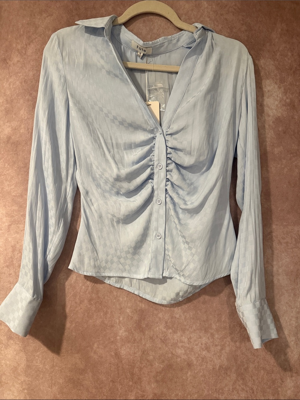 Fate Pale Blue Ruched Front Button-Down Shirt